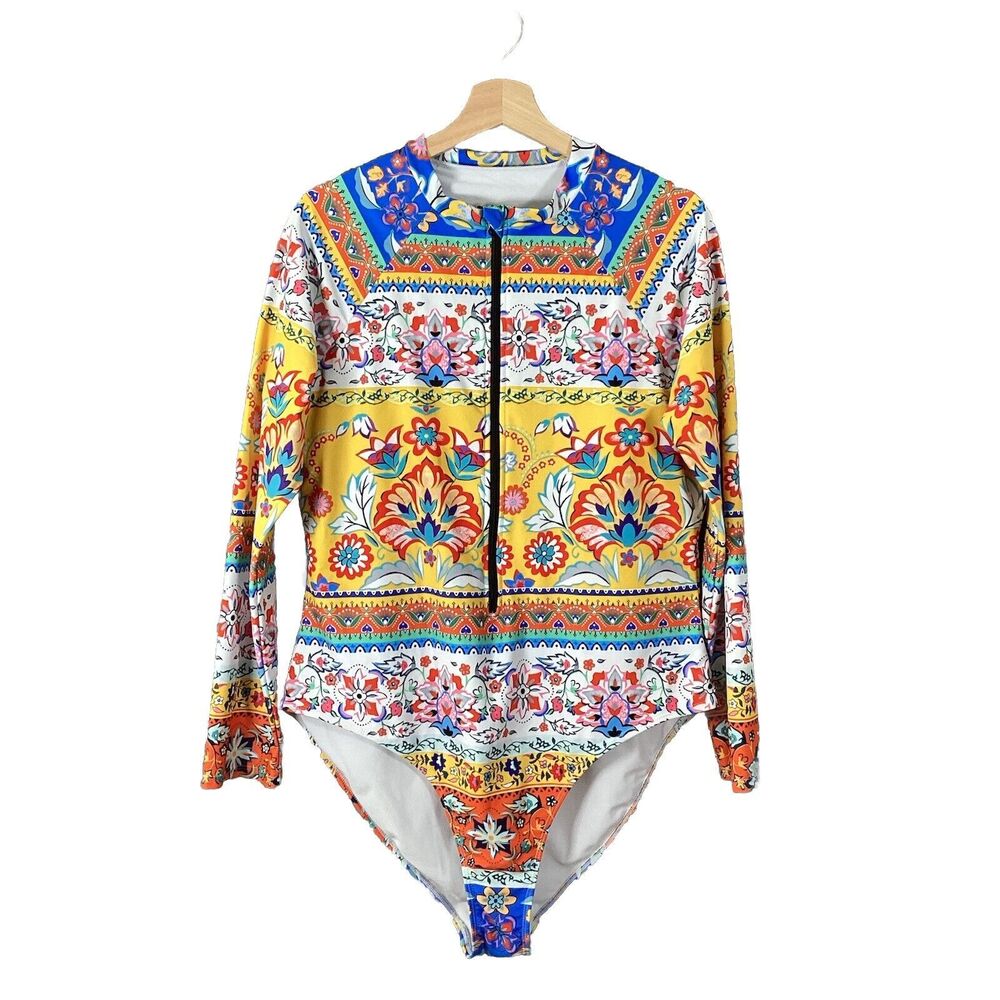Womens Long Sleeve Multi Color One Piece Surf Swimsuit Summer Casual 3XL